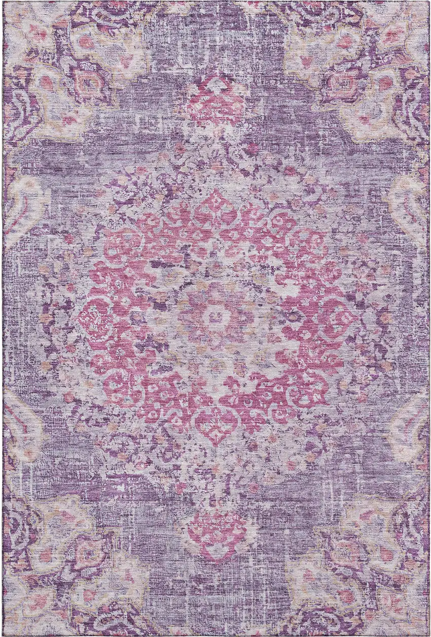 Purple Beige And Ivory Floral Washable Area Rug With UV Protection Photo 1