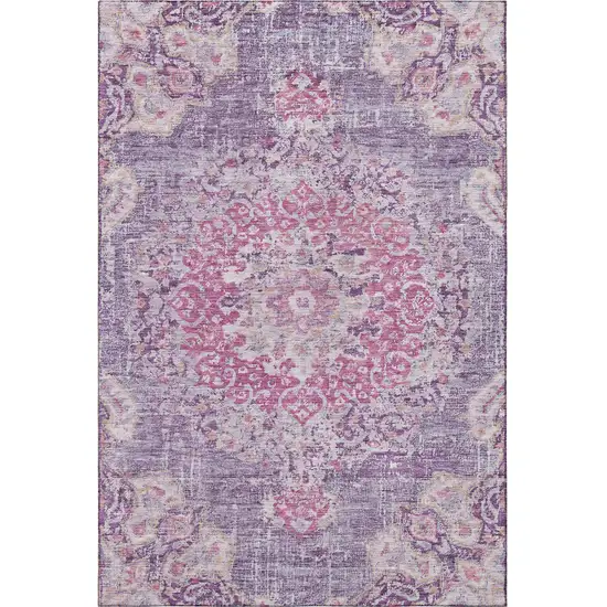 Purple Beige And Ivory Floral Washable Area Rug With UV Protection Photo 3