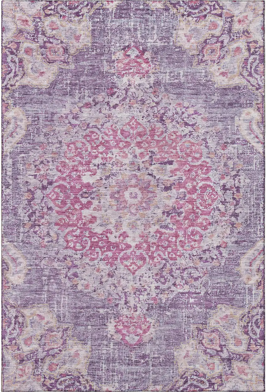 Purple Beige And Ivory Floral Washable Area Rug With UV Protection Photo 3