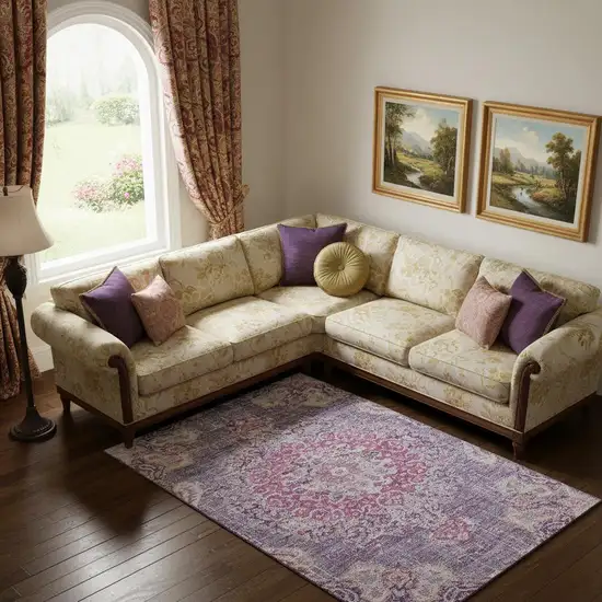 Purple Beige And Ivory Floral Washable Area Rug With UV Protection Photo 2