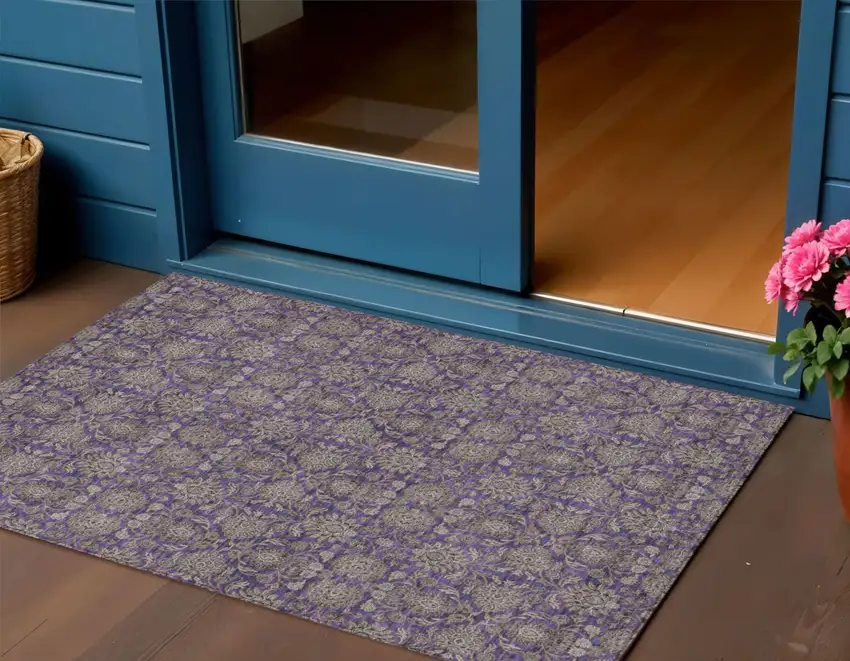 Purple Beige And Taupe Floral Washable Indoor Outdoor Area Rug Photo 1