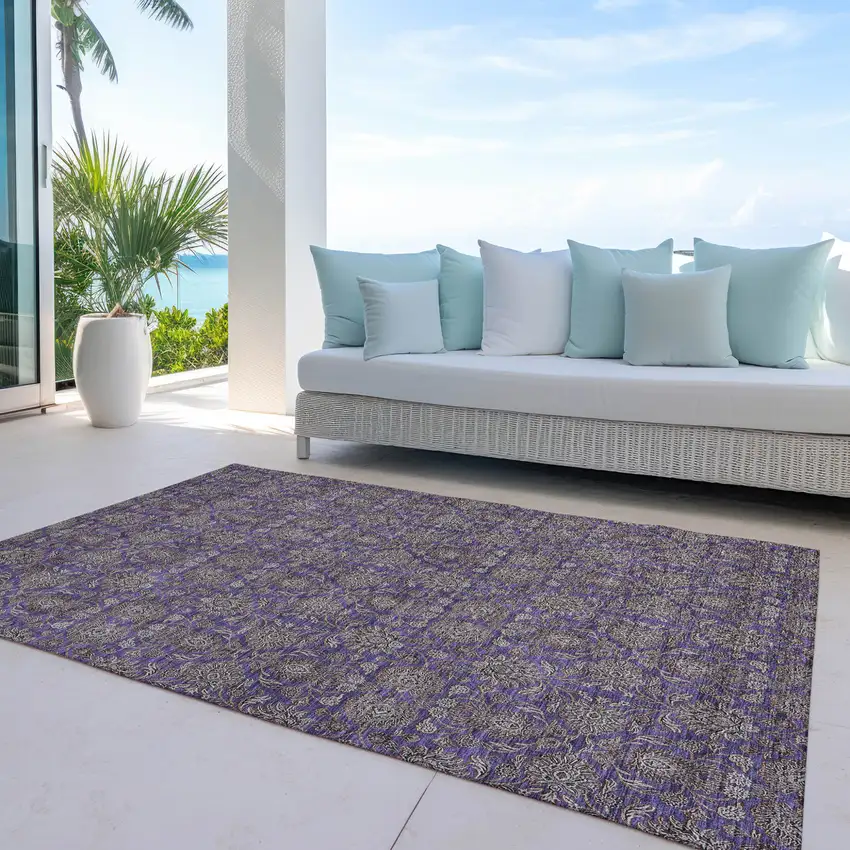 Purple Beige And Taupe Floral Washable Indoor Outdoor Area Rug Photo 9