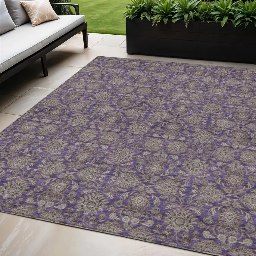 Purple Beige And Taupe Floral Washable Indoor Outdoor Area Rug Photo 1