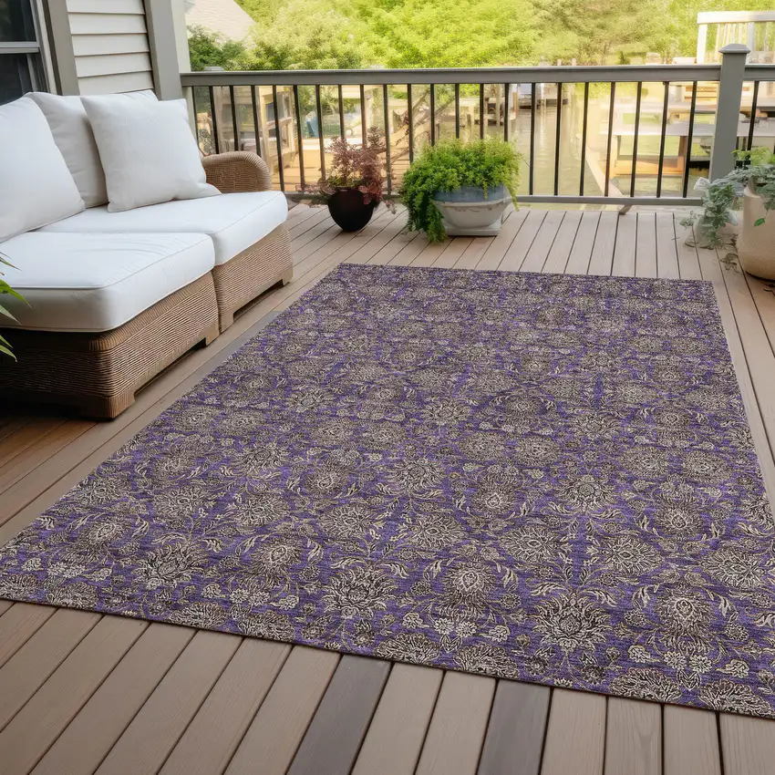 Purple Beige And Taupe Floral Washable Indoor Outdoor Area Rug Photo 5