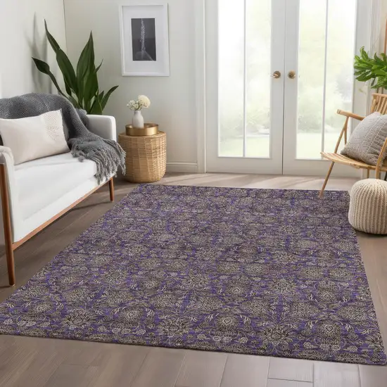 Purple Beige And Taupe Floral Washable Indoor Outdoor Area Rug Photo 6