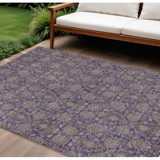 Purple Beige And Taupe Floral Washable Indoor Outdoor Area Rug Photo 1