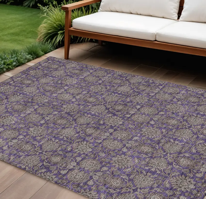 Purple Beige And Taupe Floral Washable Indoor Outdoor Area Rug Photo 1