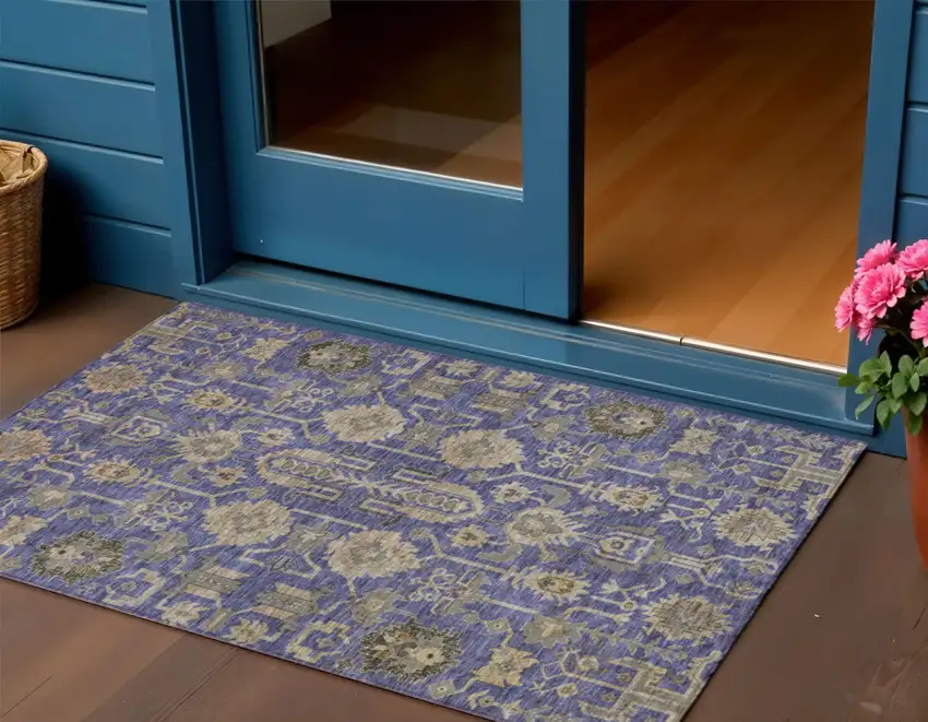 Purple Beige And Taupe Oriental Washable Indoor Outdoor Area Rug Photo 1