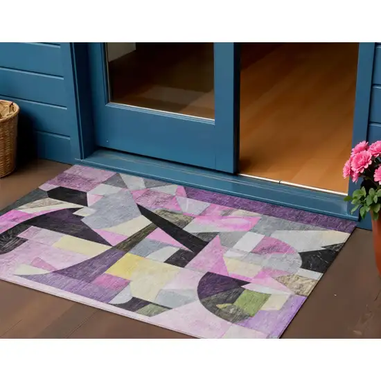 Purple Black And Lavender Abstract Washable Indoor Outdoor Area Rug Photo 2