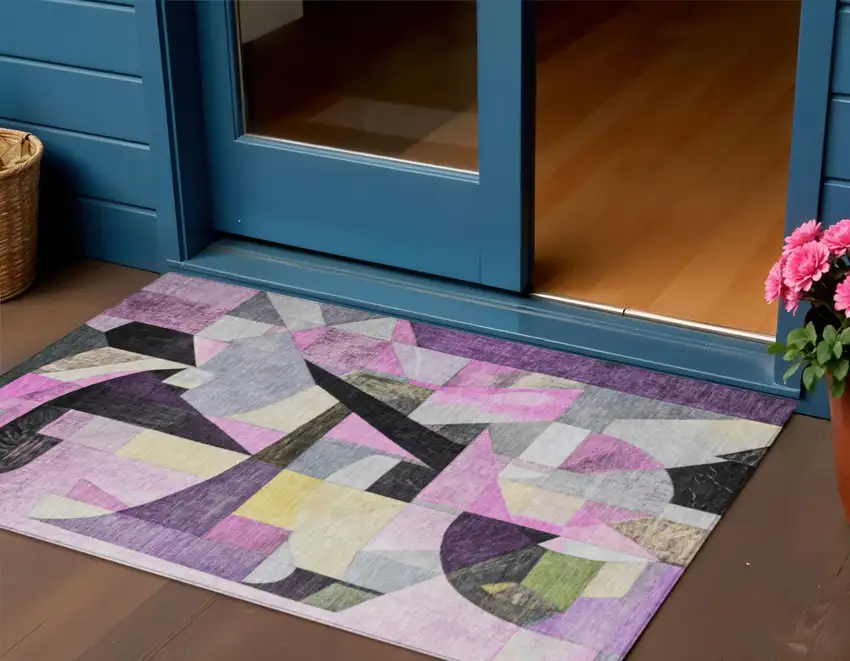 Purple Black And Lavender Abstract Washable Indoor Outdoor Area Rug Photo 2