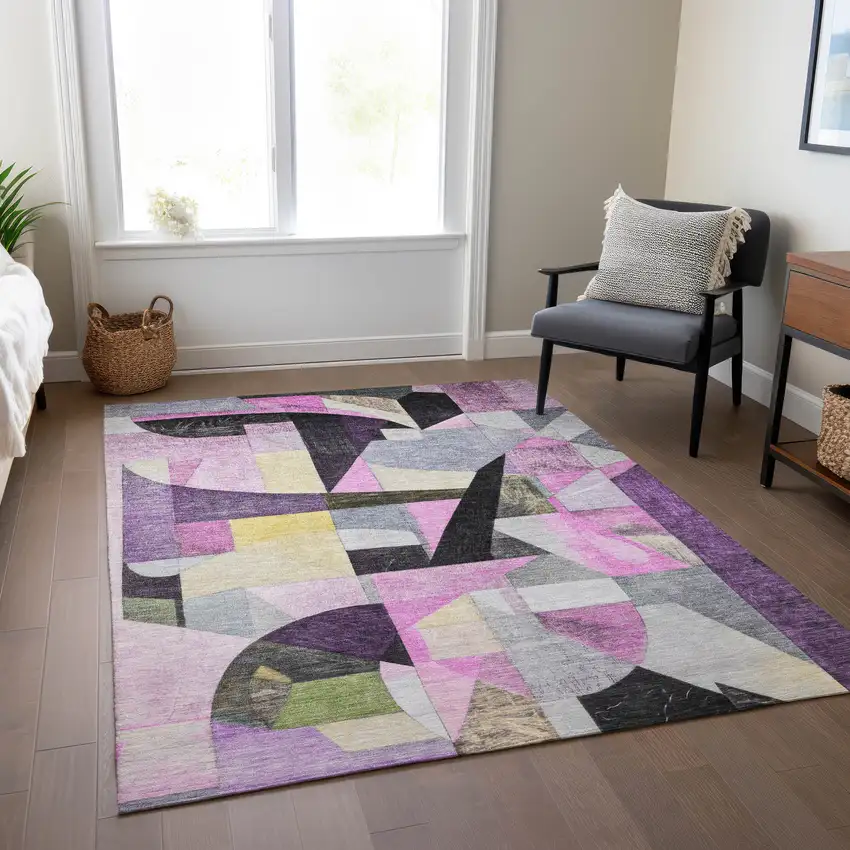Purple Black And Lavender Abstract Washable Indoor Outdoor Area Rug Photo 8