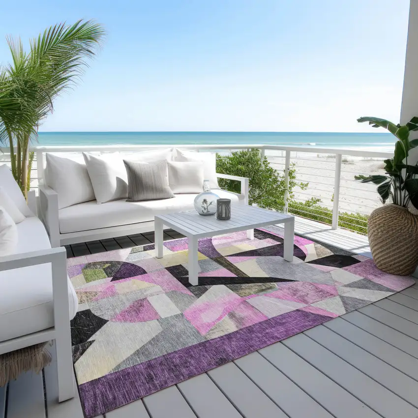 Purple Black And Lavender Abstract Washable Indoor Outdoor Area Rug Photo 6