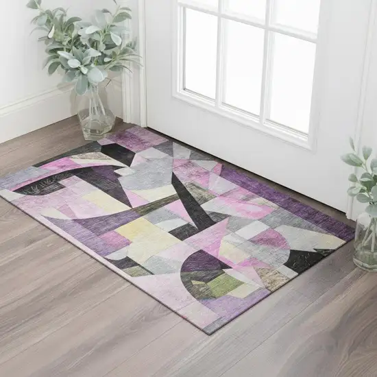 Purple Black And Yellow Abstract Washable Area Rug With UV Protection Photo 2