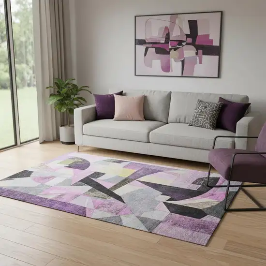Purple Black And Yellow Abstract Washable Area Rug With UV Protection Photo 2
