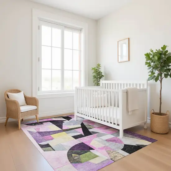 Purple Black And Yellow Abstract Washable Area Rug With UV Protection Photo 5