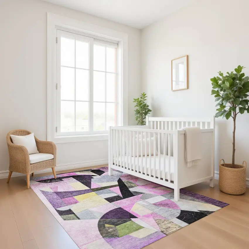 Purple Black And Yellow Abstract Washable Area Rug With UV Protection Photo 5