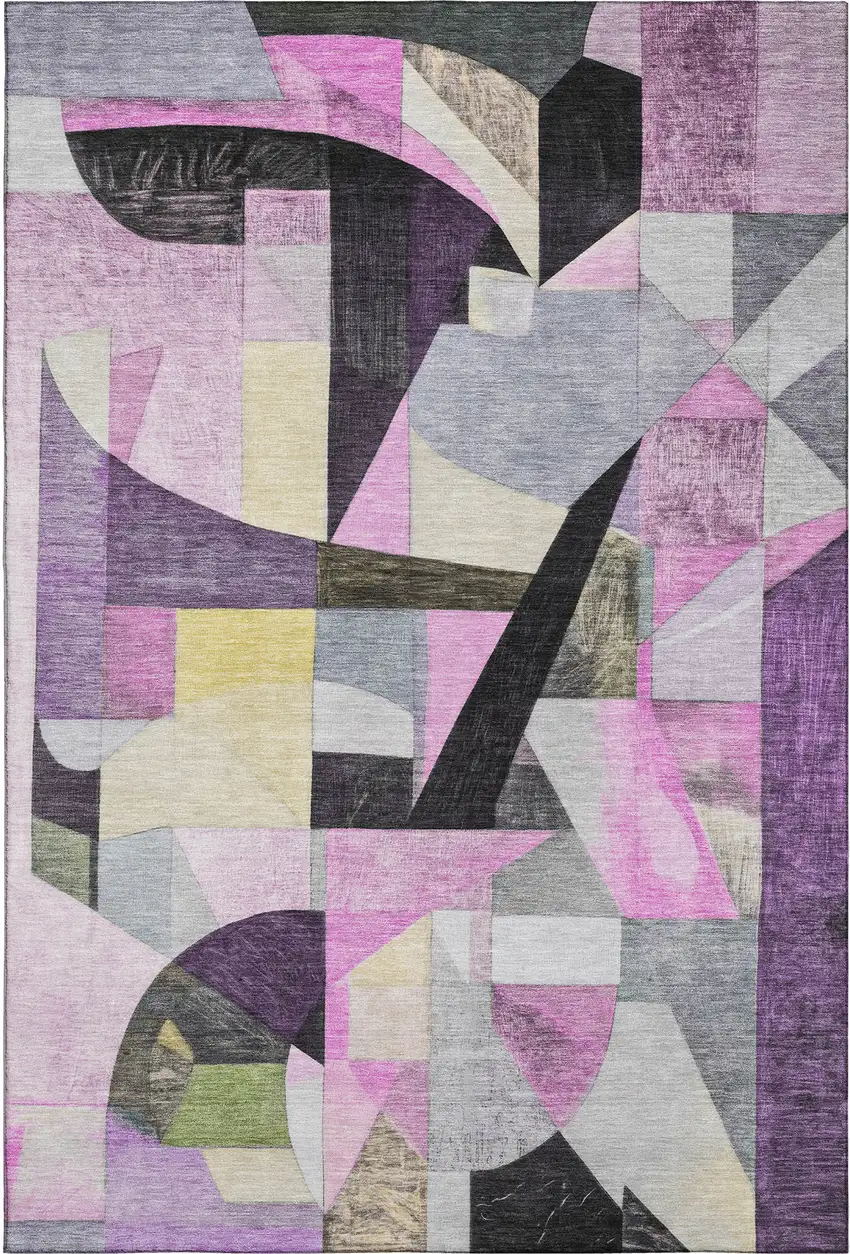 Purple Black And Yellow Abstract Washable Area Rug With UV Protection Photo 1