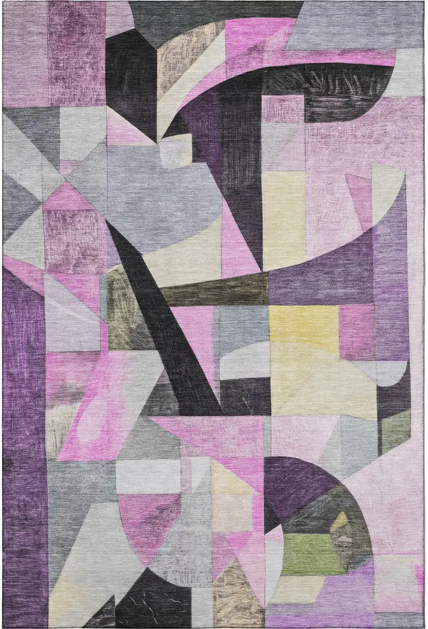 Purple Black And Yellow Abstract Washable Area Rug With UV Protection Photo 3