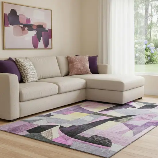 Purple Black And Yellow Abstract Washable Area Rug With UV Protection Photo 2