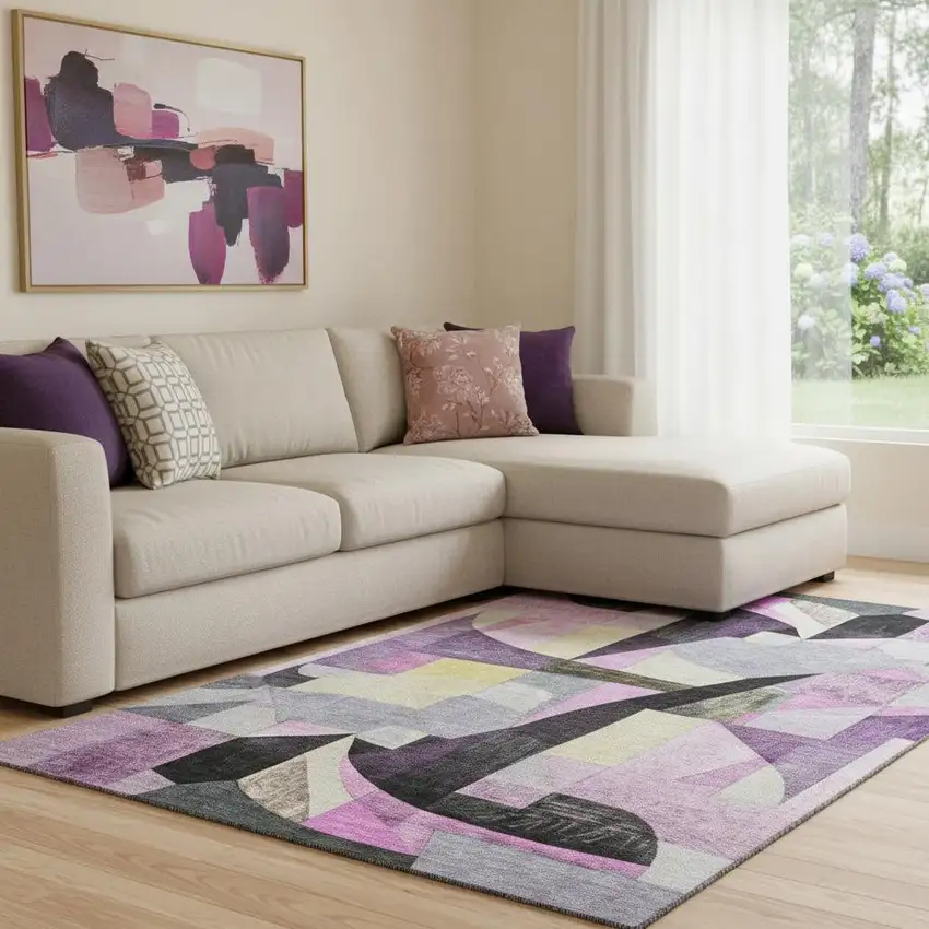 Purple Black And Yellow Abstract Washable Area Rug With UV Protection Photo 2