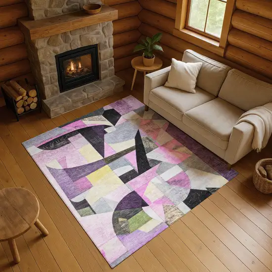 Purple Black And Yellow Abstract Washable Area Rug With UV Protection Photo 4