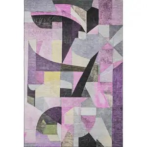 Photo of Purple Black And Yellow Abstract Washable Area Rug With UV Protection