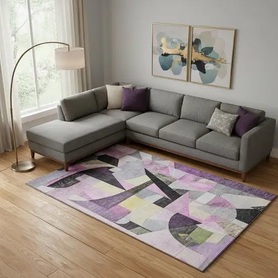 Purple Black And Yellow Abstract Washable Area Rug With UV Protection Photo 2