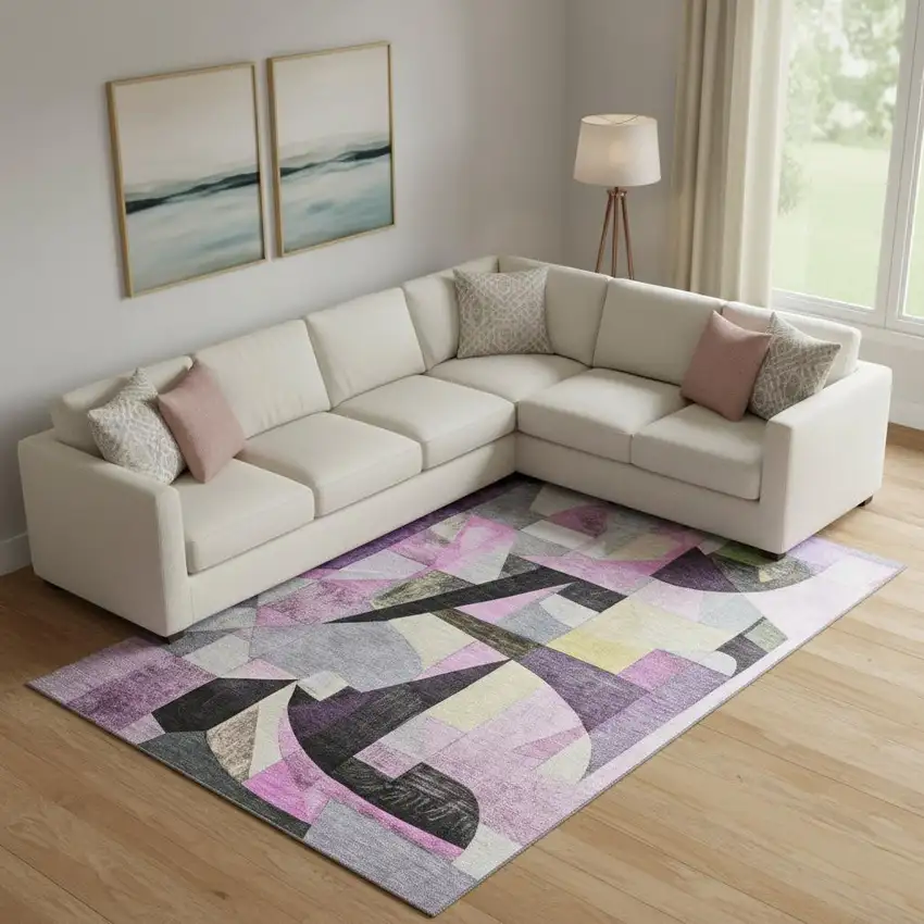 Purple Black And Yellow Abstract Washable Area Rug With UV Protection Photo 2