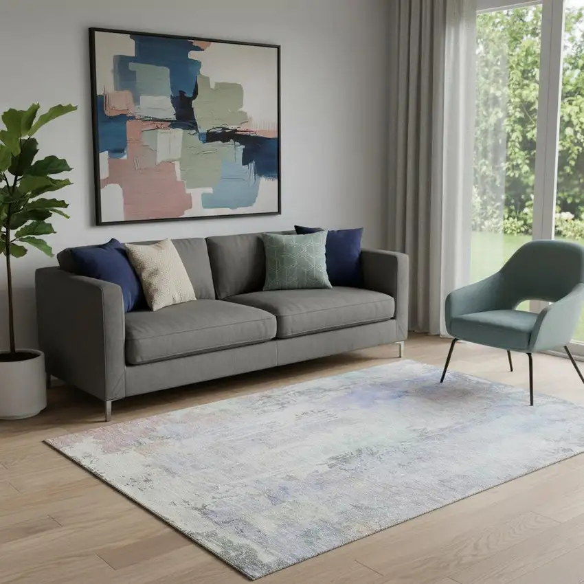 Purple Blue And Gray Abstract Washable Area Rug With UV Protection Photo 2