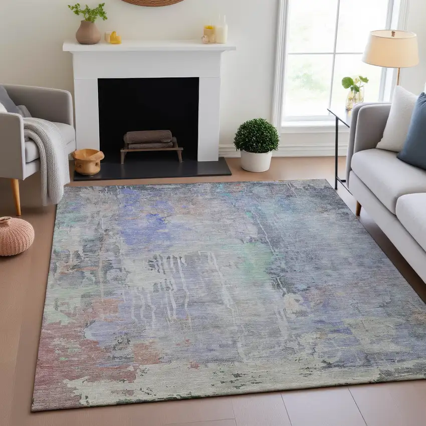 Purple Blue And Gray Abstract Washable Area Rug With UV Protection Photo 4