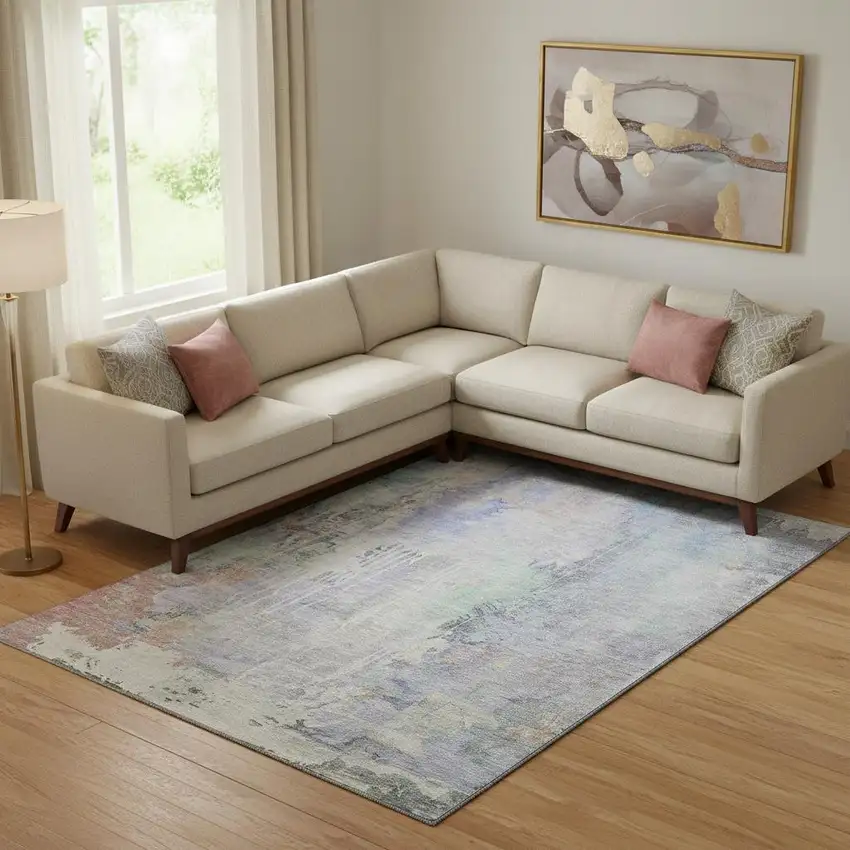 Purple Blue And Gray Abstract Washable Area Rug With UV Protection Photo 2