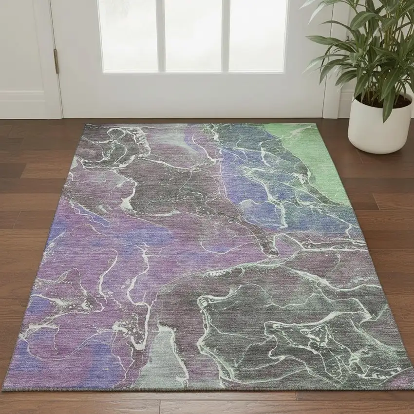 Purple Blue And Green Abstract Washable Area Rug With UV Protection Photo 2