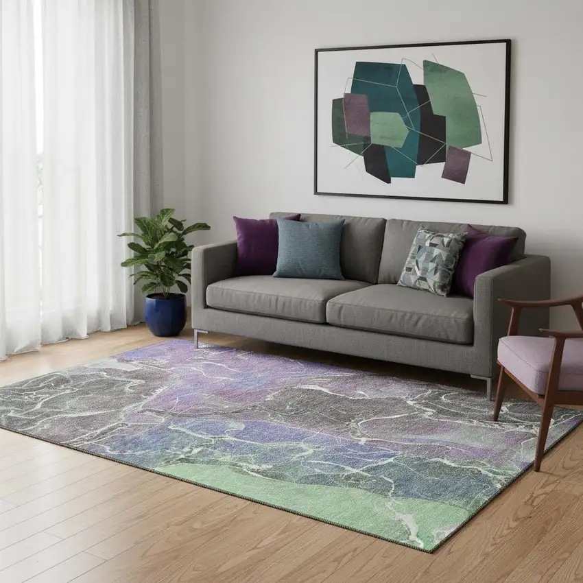 Purple Blue And Green Abstract Washable Area Rug With UV Protection Photo 2