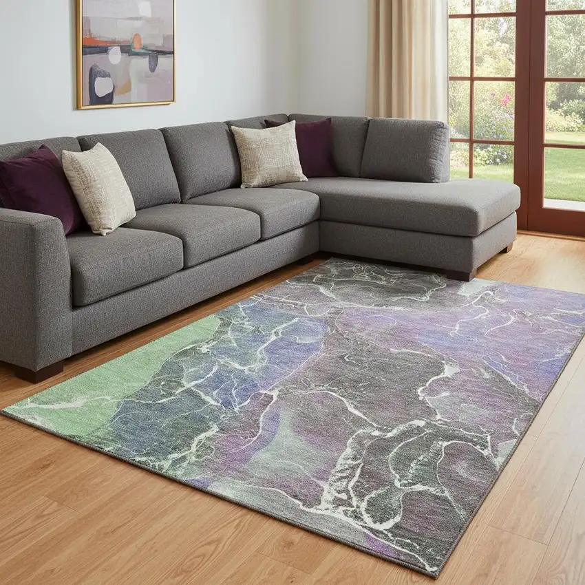 Purple Blue And Green Abstract Washable Area Rug With UV Protection Photo 2