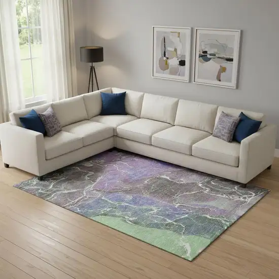 Purple Blue And Green Abstract Washable Area Rug With UV Protection Photo 2
