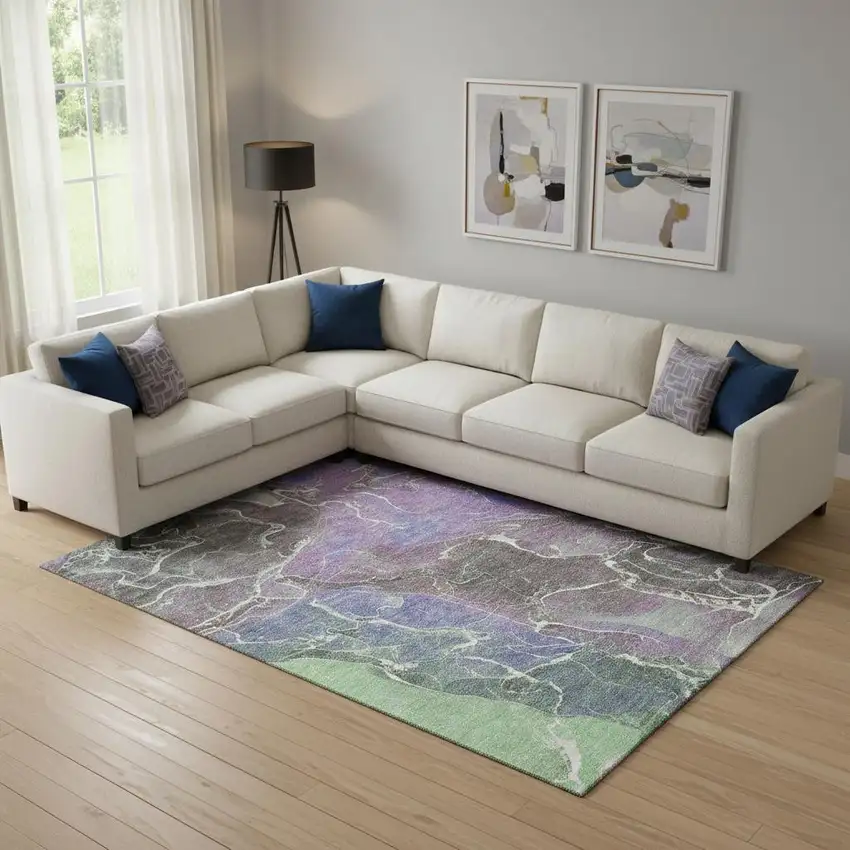 Purple Blue And Green Abstract Washable Area Rug With UV Protection Photo 2