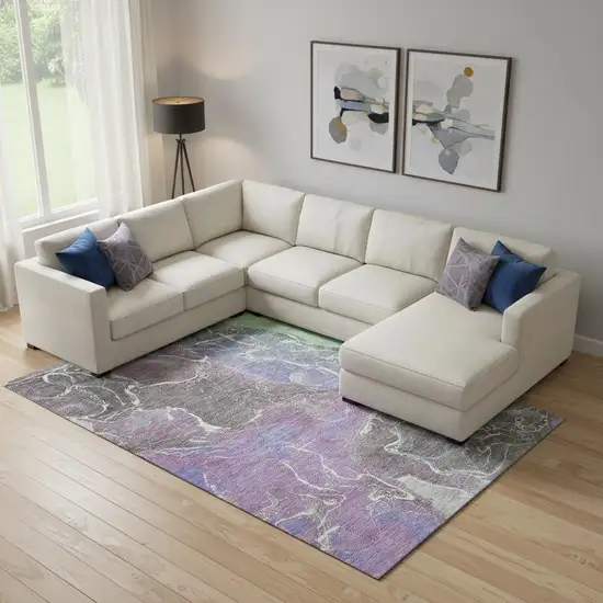 Purple Blue And Green Abstract Washable Area Rug With UV Protection Photo 2
