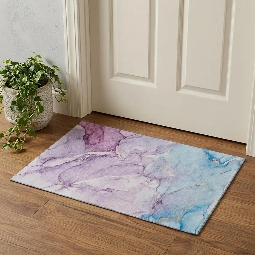 Purple Blue And Ivory Abstract Washable Area Rug With UV Protection Photo 1