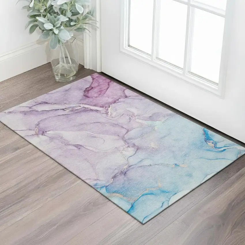 Purple Blue And Ivory Abstract Washable Area Rug With UV Protection Photo 1