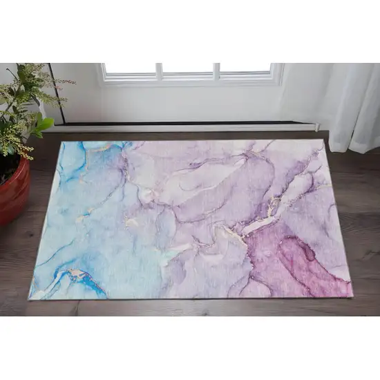 Purple Blue And Ivory Abstract Washable Area Rug With UV Protection Photo 2