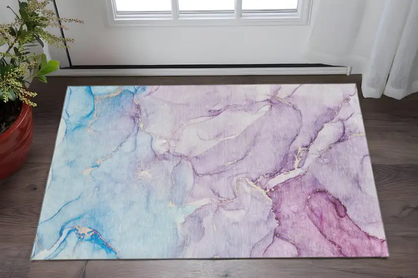 Purple Blue And Ivory Abstract Washable Area Rug With UV Protection Photo 2