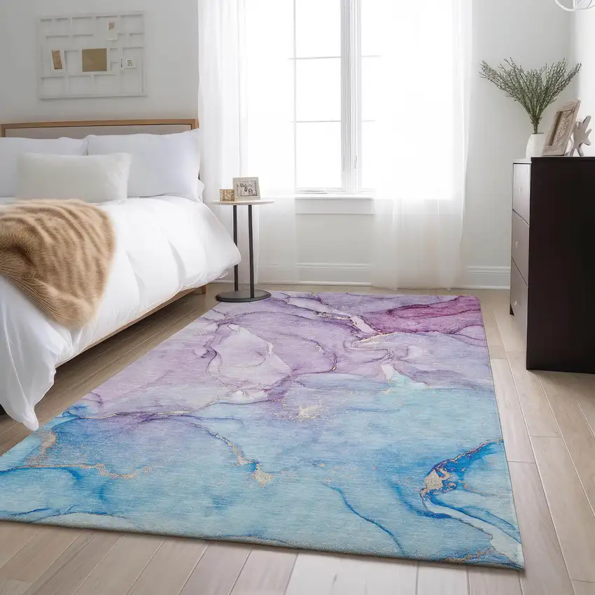 Purple Blue And Ivory Abstract Washable Area Rug With UV Protection Photo 5