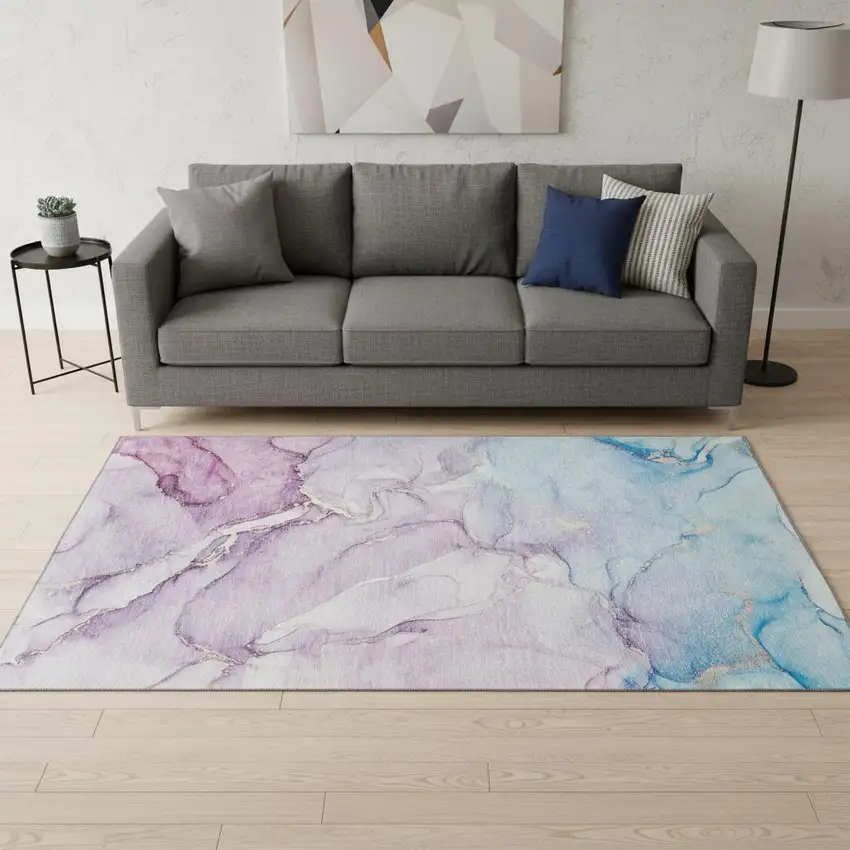 Purple Blue And Ivory Abstract Washable Area Rug With UV Protection Photo 2
