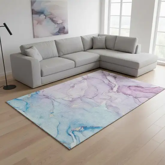 Purple Blue And Ivory Abstract Washable Area Rug With UV Protection Photo 1