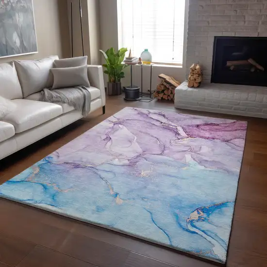 Purple Blue And Ivory Abstract Washable Area Rug With UV Protection Photo 6