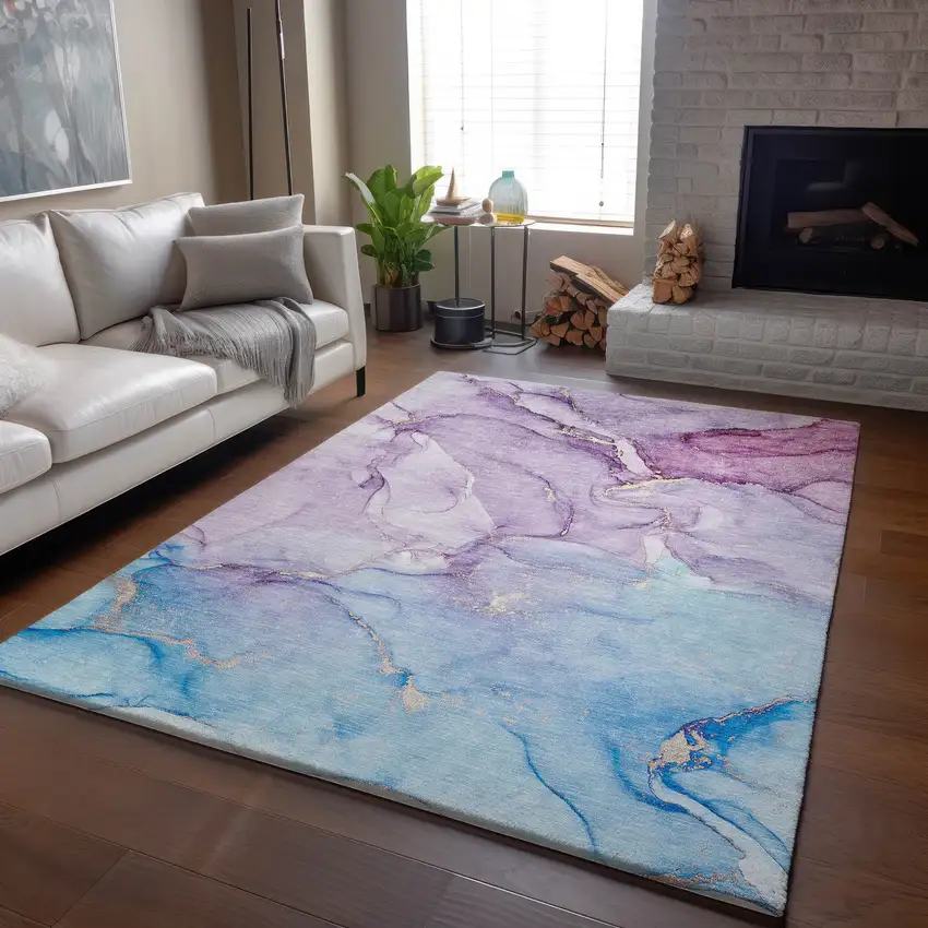Purple Blue And Ivory Abstract Washable Area Rug With UV Protection Photo 6