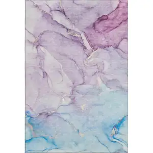Photo of Purple Blue And Ivory Abstract Washable Area Rug With UV Protection