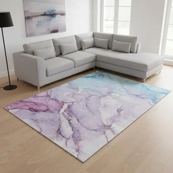 Purple Blue And Ivory Abstract Washable Area Rug With UV Protection Photo 1