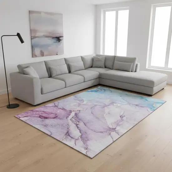 Purple Blue And Ivory Abstract Washable Area Rug With UV Protection Photo 1