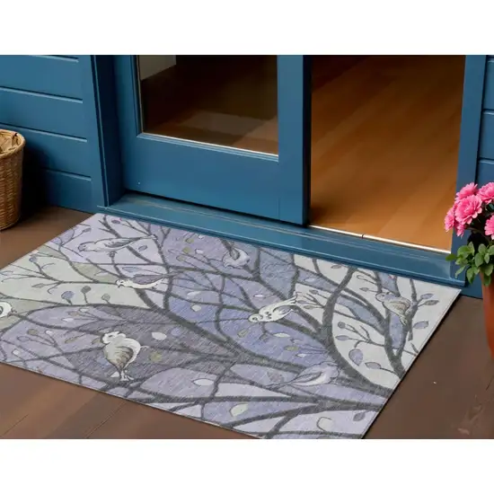 Purple Blue And Sage Botanical Leaves Washable Indoor Outdoor Area Rug Photo 1